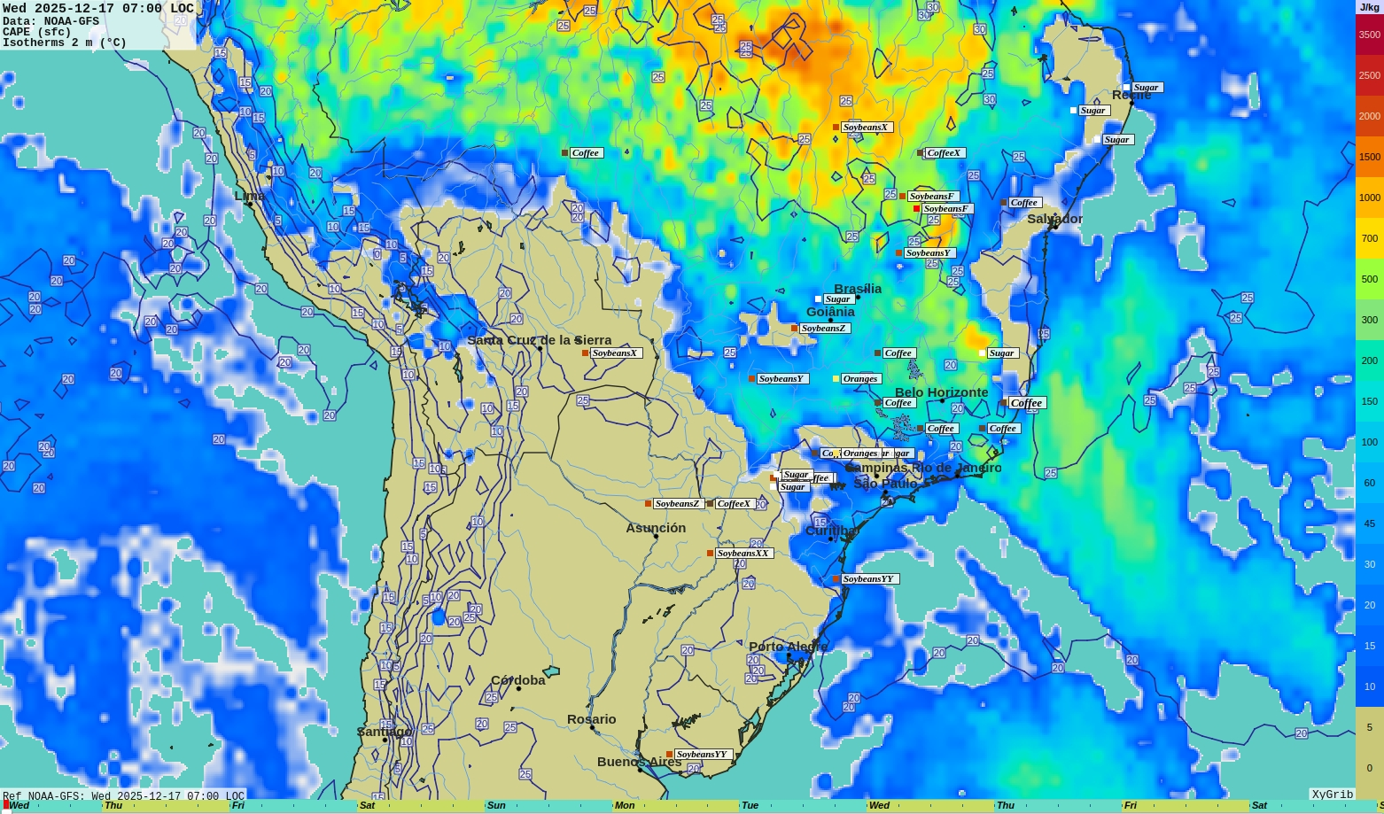 Global absolute surface wind gusts + 2m (6.5ft) °C isotherms forecast.