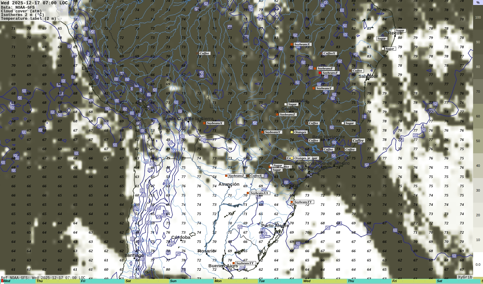 Global cloud cover + 2m (6.5ft) °C isotherms forecast.
