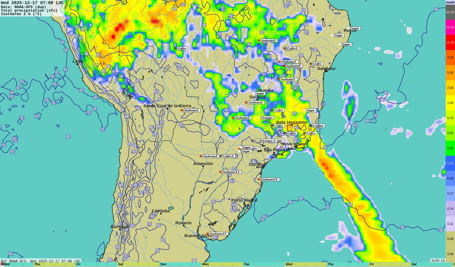 Global surface temperature + 2m (6.5ft) °C isotherms forecast.